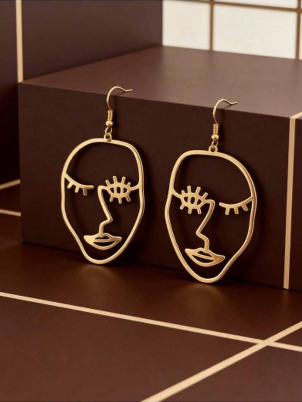 Gold Abstract Face Wire Drop Earrings - Women Jewelry